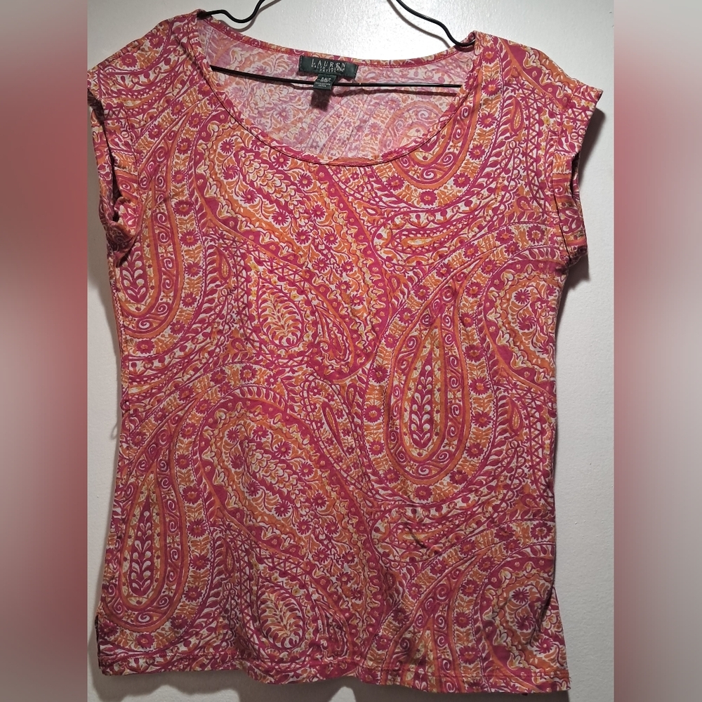 Lauren Ralph Lauren Petite Pink Paisley 100% Cotton Women's Top - PS